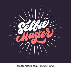 Selfie master phrase. Self photo saying, youth vector slogan lettering isolated on dark purple background. Girlish sticker idea, social media post design template, printable card or trendy t shirt