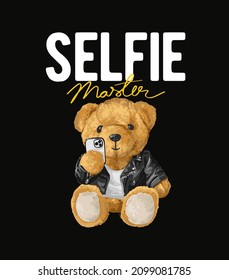 selfie master slogan with bear doll taking selfie vector illustration on black background