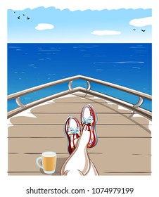 Selfie with Mens Legs, Red Topsiders Shoes and Beer Mug, Yacht Deck against a Background of Sea or Ocean, Blue Sky and Clouds