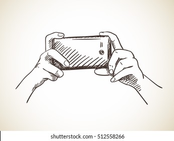 Selfie With Mobile Smart Phone Isolated, Vector Sketch Hand Drawn Illustration