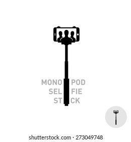 Selfie monopod stick symbol with smartphone and people silhouettes in a frame. Simple black style.