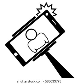 Selfie monopod stick symbol with smartphone with flash and man silhouette. Simple black style.