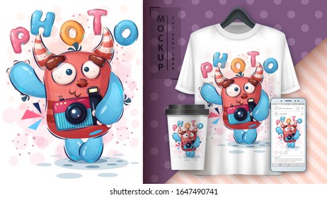 Selfie monster poster and merchandising. Vector eps 10