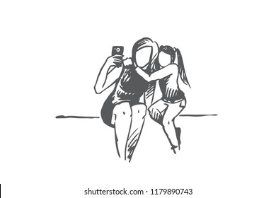 Selfie, mother, daughter, happy concept. Hand drawn mother and daughter making selfie concept sketch. Isolated vector illustration.