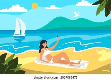 Selfie on the beach Sunbathing girl with mobile phone on the beach makes selfie on rest Flat vector illustration Concept young beautiful girl near sea Mountain on beach Season Hello summer