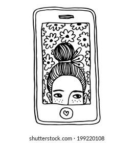 Selfie on the flower background outline.