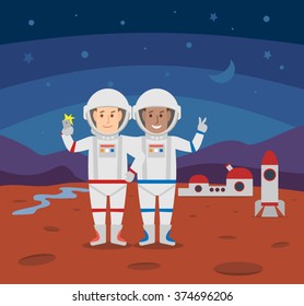 selfie on mars.astronauts taking selfie portrait with smart phone  on mars concept illustration
