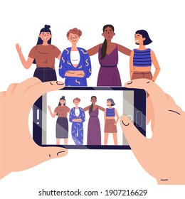Selfie on mobile phone. Smartphone screen with girlfriends selfie. Girls take photos on the mobile phone. Flat vector illustration for social media. 