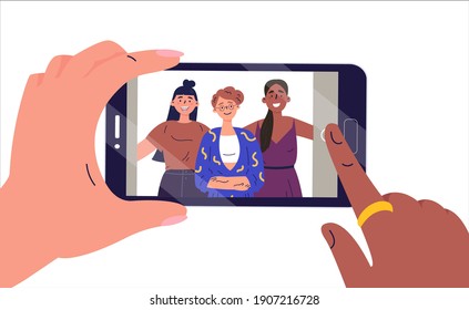 Selfie on mobile phone. Smartphone screen with girlfriends selfie. Girls take photos on the mobile phone. Flat vector illustration for social media. 