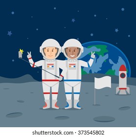 selfie on moon.astronauts taking selfie portrait with smart phone and selfie stick on moon