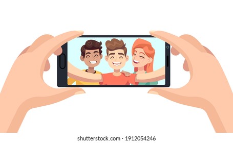 Selfie on phone. Hands hold smartphone, male and female smiling friends on device screen, making portrait photo, mobile picture with happy people self photograph flat cartoon colorful isolated concept