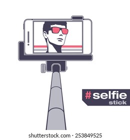 Selfie on smartphone using monopod. Young man taking own self portrait with mobile phone and stick. Isolated vector object for poster and placard backgrounds.