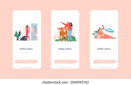 Selfie Online Mobile App Page Onboard Screen Template. Tiny Characters Concept. Cartoon People Vector Illustration