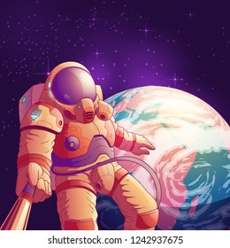 Selfie in outer space cartoon vector illustration with astronaut in futuristic spacesuit making portrait photo with selfie stick on background of planet Earth. Space tourist or exoplanet explorer fun