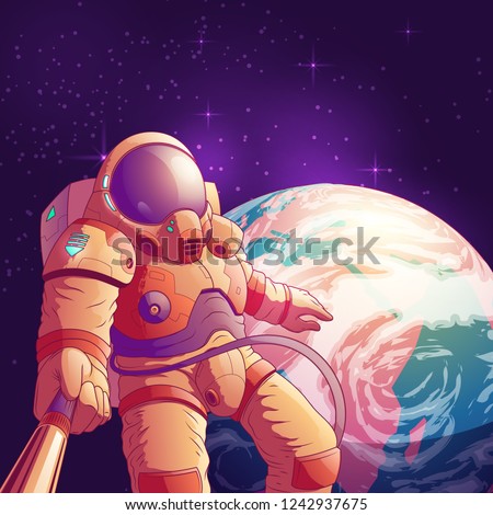 Selfie in outer space cartoon vector illustration with astronaut in futuristic spacesuit making portrait photo with selfie stick on background of planet Earth. Space tourist or exoplanet explorer fun