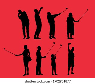 Selfie people tourists taking picture vector silhouette illustration isolated on background. Taking selfie hand hold stick with mobile phone.  Friend traveler fun. Man and woman family travel memories
