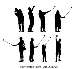 Selfie people tourists taking picture vector silhouette illustration isolated on background. Taking selfie hand hold stick with mobile phone.  Friend traveler fun. Man and woman family travel memories