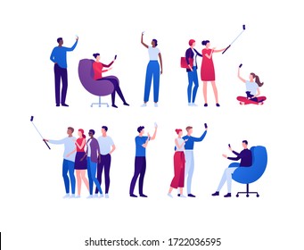 Selfie photo concept. Vector flat person illustration set. People hold smartphone. Collection of male and female human posing. Friendship, party, travel, blogger. Multi-ethnic crowd. Design for banner