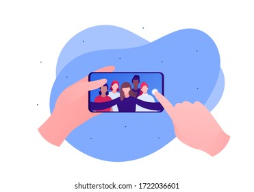 Selfie photo concept. Vector flat person illustration. Hand holding smartphone. Group of women on device screen. Friendship, fun party, Multi-ethnic crowd of people. Design for banner, poster, web.
