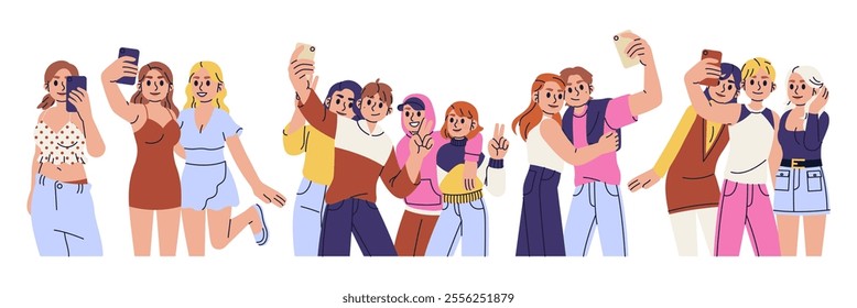 Selfie photo. Family, group of friends, couple photographed with smartphones. Holds phone in hand. Picture together of man, woman and child. Vector young people posing, cartoon isolated illustration