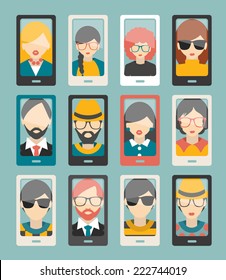 Selfie photo flat collection. Men, woman portrait. Vector.