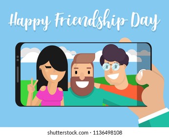 Selfie photo of friends against a background of nature in a flat style. Concept friendship day. Vector illustration portrait on phone screen. Company photo