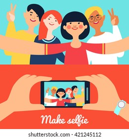 Selfie photo of friends banners with young happy people and portrait on phone screen isolated vector illustration