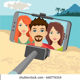 Selfie photo of friends banners with young happy people vector illustration. Selfie on the beach. Stick for selfie. Monopod selfie.