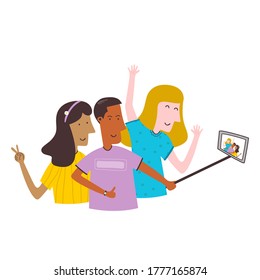 Selfie photo of friends with a phone. Two young girls and a boy taking photo with funny pose. Friends taking selfie, group of happy people photographing themselves. Flat cartoon vector illustration