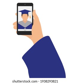 Selfie photo of graduate. Hand of man and phone. Vector illustration