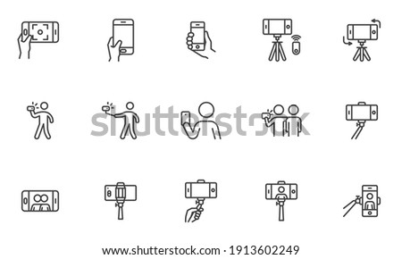 Selfie photo line icons set. linear style symbols collection, outline signs pack. vector graphics. Set includes icons as mobile phone and selfie stick monopod, cell phone front camera, remote control