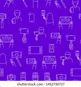 Selfie Photo Signs Thin Line Seamless Pattern Background Include of Smartphone, Photography and Stick. Vector illustration of Icons