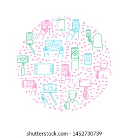 Selfie Photo Signs Thin Line Round Design Template Include of Smartphone, Photography and Stick. Vector illustration of Icons