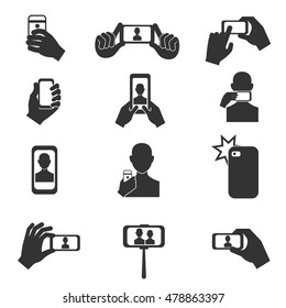 Selfie photo vector icons set. Photography with use smartphone and stick illustration