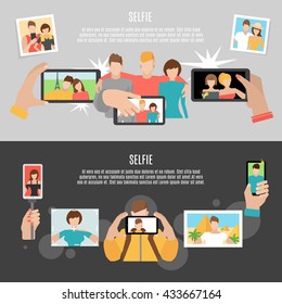 Selfie  pics taking with friends and family 2 horizontal flat banners set poster abstract isolated vector illustration