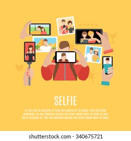 Selfie pictures taking flat icons composition poster of your own photo  and with friends abstract  vector illustration