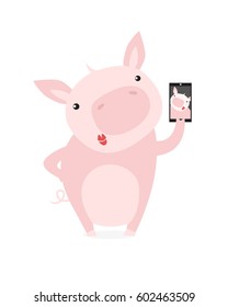 Selfie. A pig makes a selfie. poster. parody. Cartoon character.