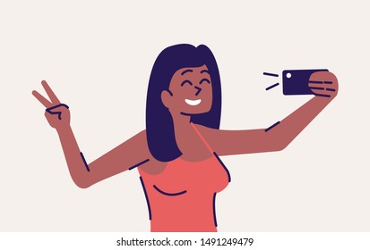 Selfie pose flat vector illustration. Happy woman taking self photo. Smiling girl showing v-sign for portrait in smartphone. Mobile phone photography isolated cartoon character on grey background