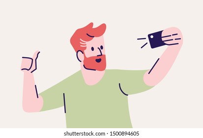 Selfie pose flat vector illustration. Happy man taking self photo. Smiling guy using mobile phone photography. Making self portrait in smartphone camera isolated cartoon character on grey background