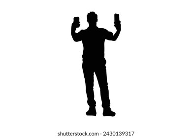 Selfie pose man Vector Taking Selfie Silhouettes Illustration Isolated On White Background.
 