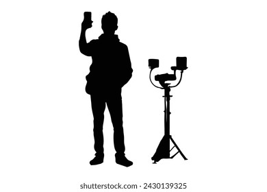 Ilustración de las siluetas de la toma del vector del hombre de la pose del selfie aislada en el fondo blanco.
 