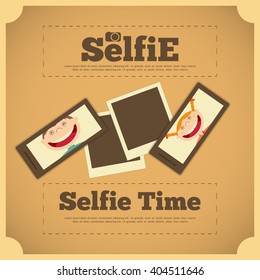 Selfie Poster. Boy and Gerl with Phone. Retro Card. Vector Illustration.