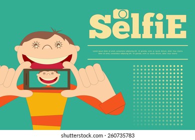 Selfie Poster. Boy with Phone. Flat Card. Vector Illustration.