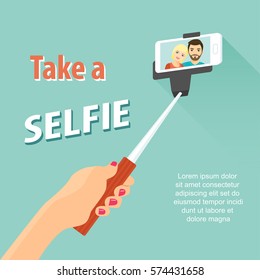 Selfie poster with couple holding smartphone with self portrait picture vector flat  illustration.