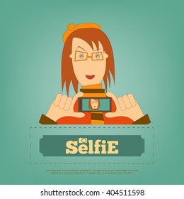 Selfie Poster. Girl with Phone on Blue Background. Retro Design. Vector Illustration.