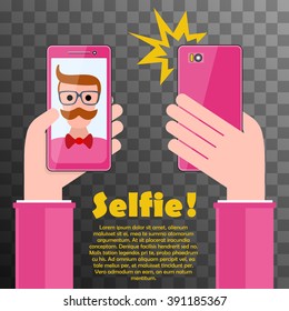 Selfie poster with glamor hipster holding smartphone with self portrait picture vector illustration on black transparent. Taking Selfie Photo on Smart Phone. Hipster Selfie.