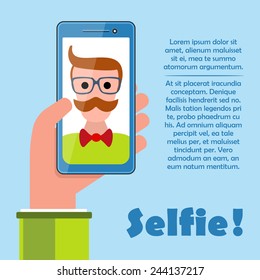 Selfie poster with hipster holding smartphone with self portrait picture vector illustration. Template for your design.