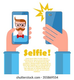 Selfie poster with hipster holding smartphone with self portrait picture vector illustration on white. Template for your design.