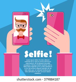 Selfie poster with hipster holding smartphone with self portrait picture vector illustration on white. Taking Selfie Photo on Smart Phone. Hipster Selfie.