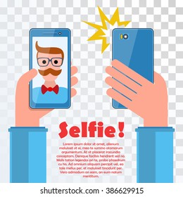 Selfie poster with hipster holding smartphone with self portrait picture vector illustration on transparent. Taking Selfie Photo on Smart Phone. Hipster Selfie.